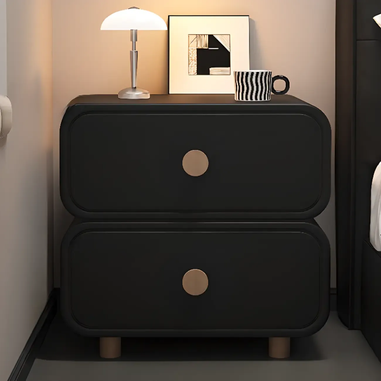 Solid Wood Leather-Top Black 2 Tiers Drawer Nightstand