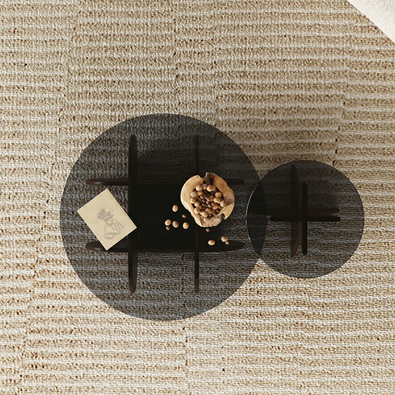 Brown Round Glass Top Wood Geometric X-Base End Table