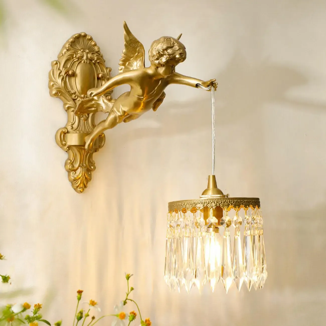 Artistic Vintage Gold Angel Wall Sconce with Crystal Shade