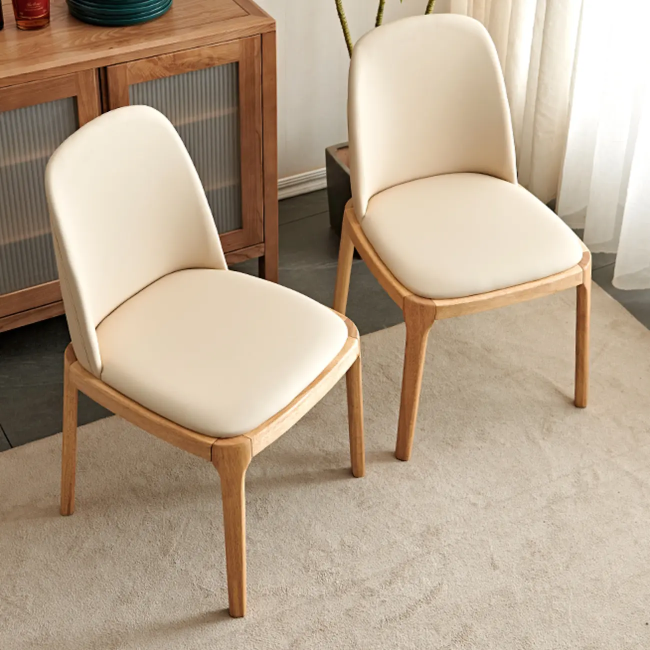 Cream Wood Faux Leather Solid Back Dining Chair