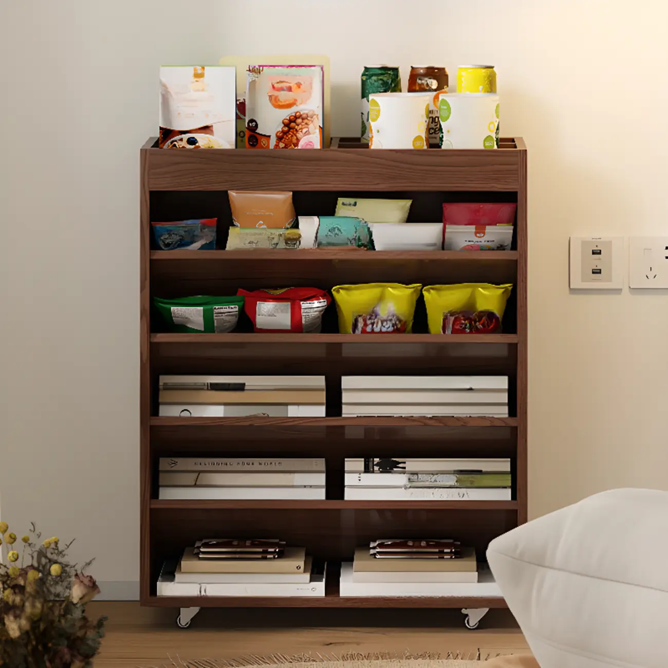 Mobile 5-Shelf Nut-Brown Wood Vertical Bookcase
