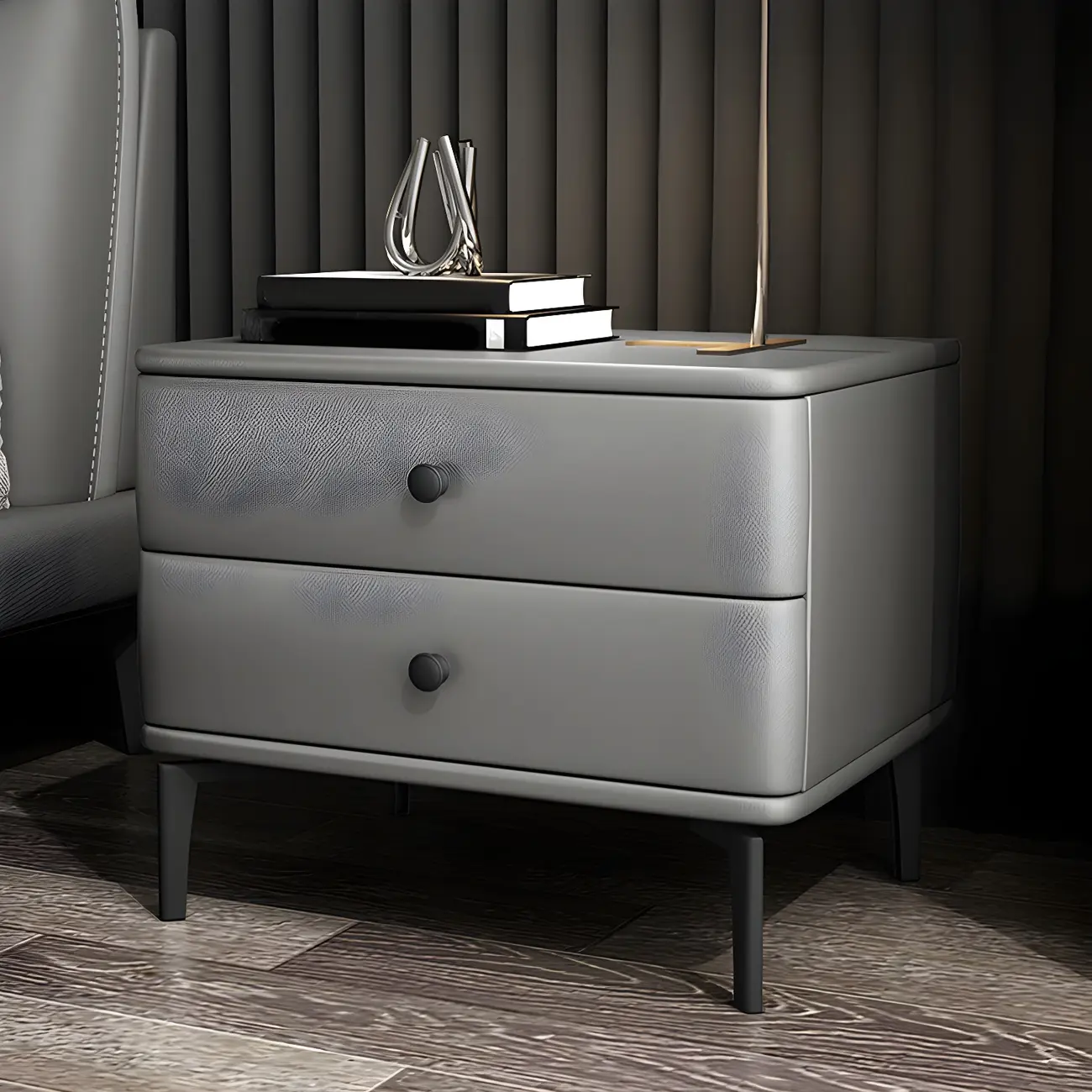 Modern Black Leather Bedside Table with Drawers