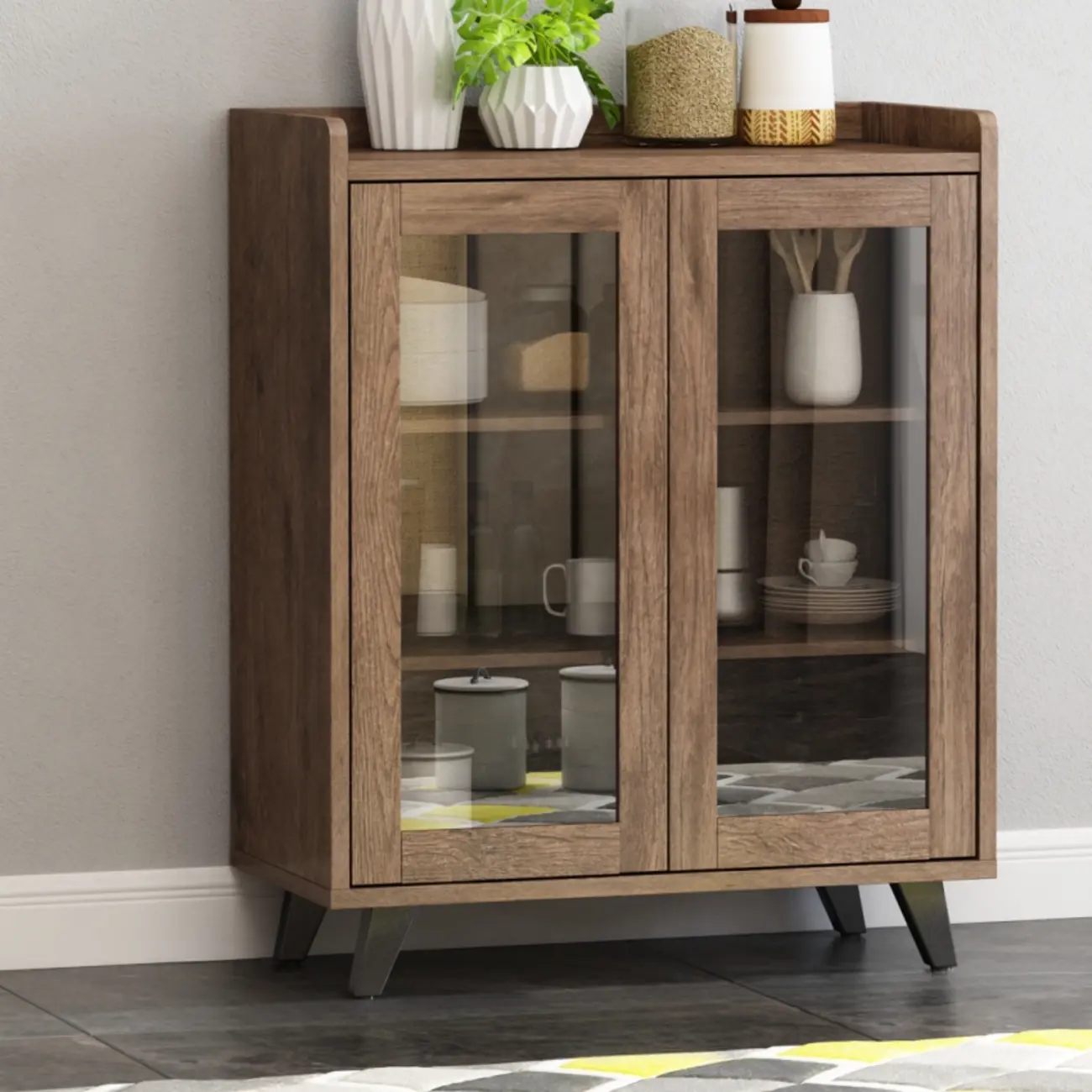 4-Drawer Taupe Wood Sideboard with Glass Doors