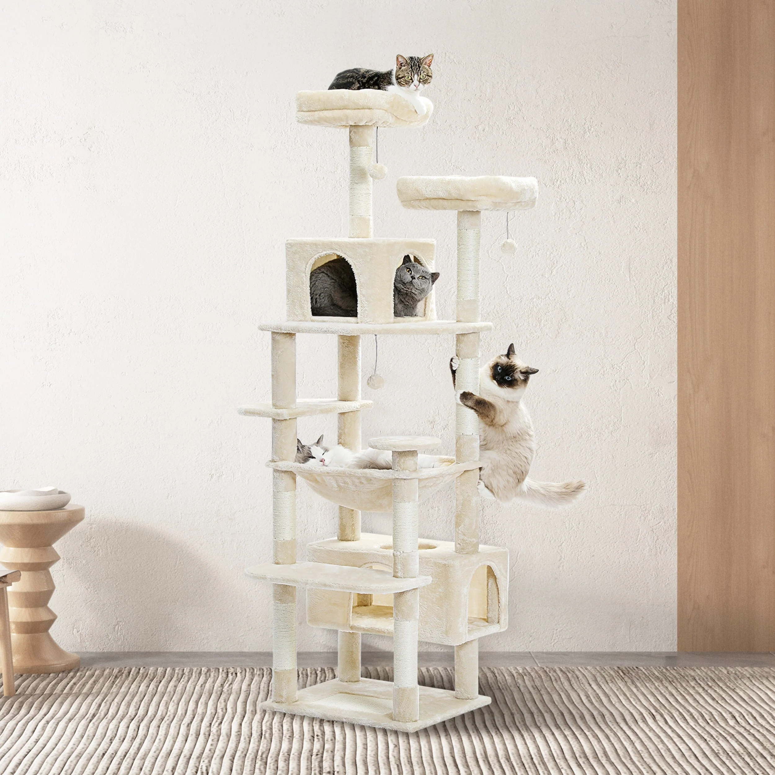 Large Cat Tower Cat Condo with Scratching Posts and Pads, 2 Padded Perch, Dual Condo and Basket