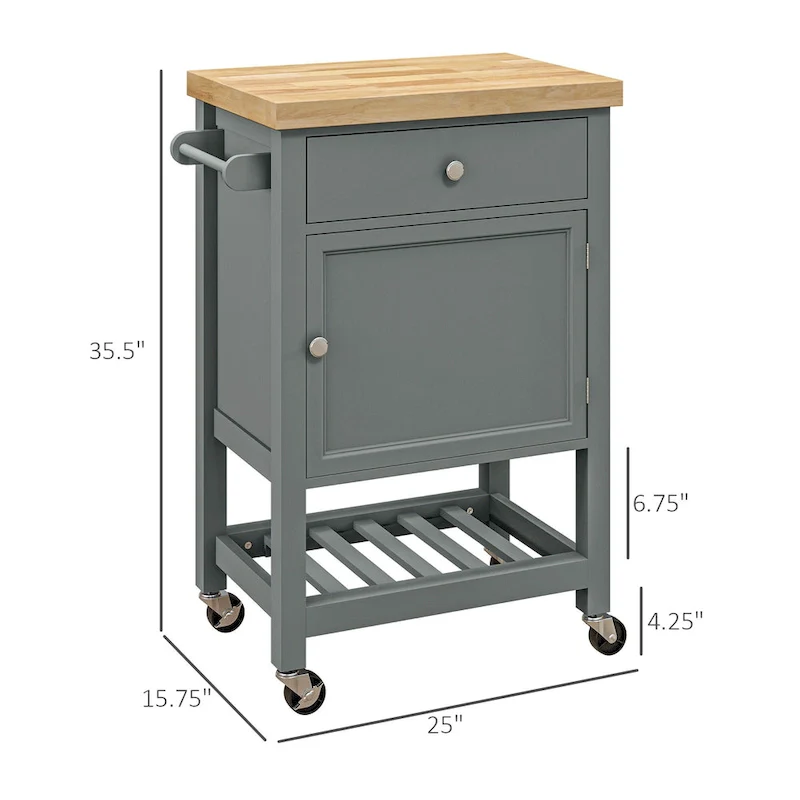 HOMCOM Utility Kitchen Cart, Rolling Kitchen Island with Smooth Rubberwood Top, Narrow Butcher Block Surface on Wheels