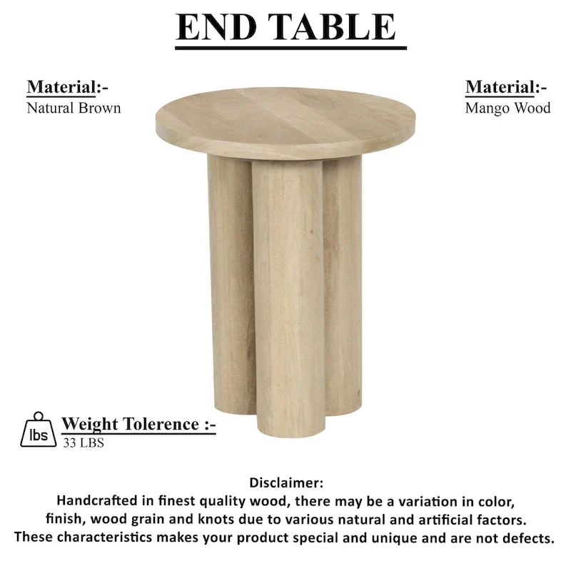 Hazel Side Table with 3 Pillar Legs, Handcrafted Natural Brown Mango Wood, 17.7 Inch Round Top