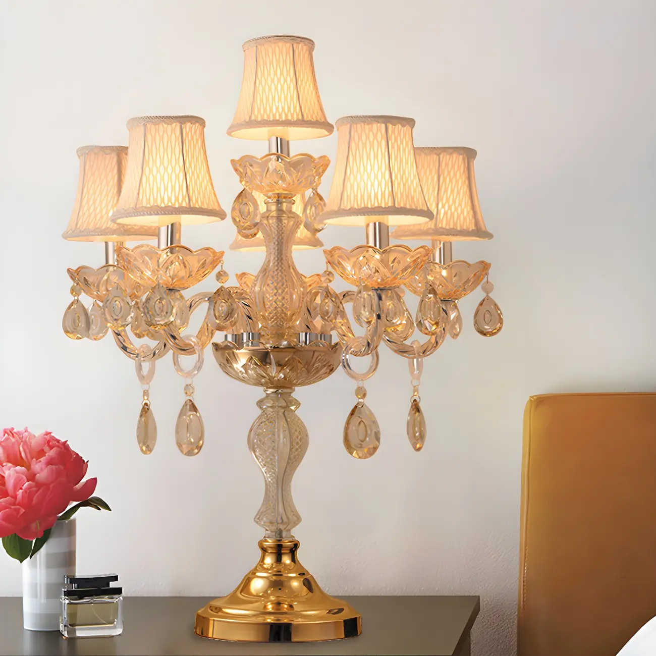 Luxury Gold Multi-Light Crystal Candelabra Table Lamp