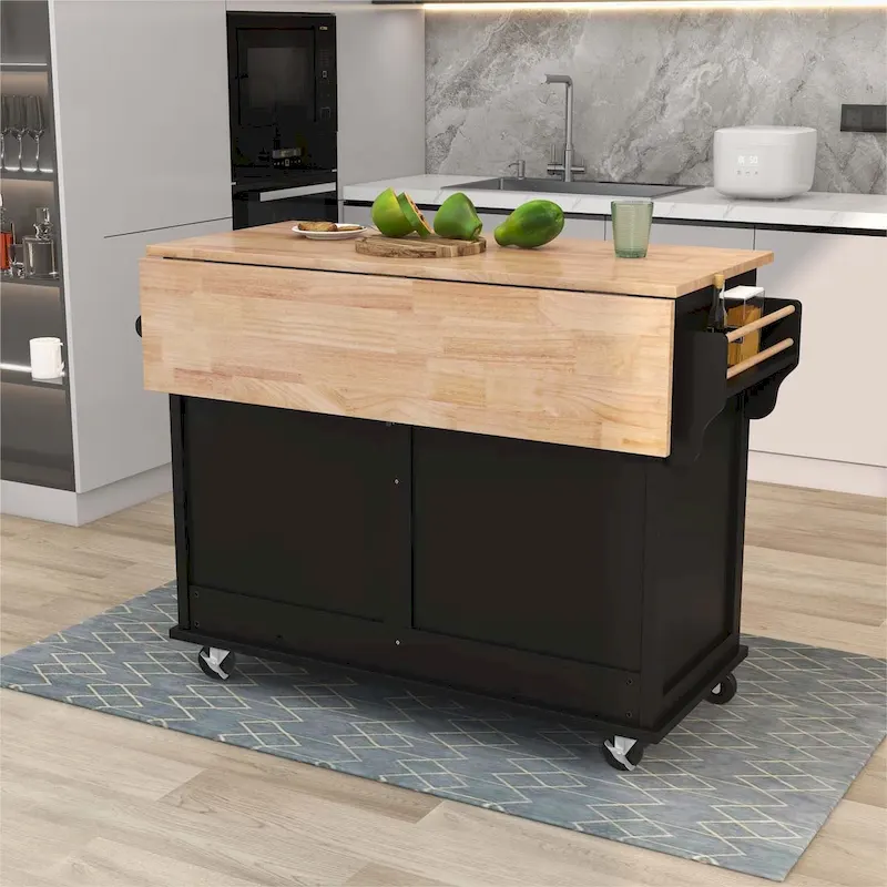 Kitchen Cart with Rubber wood Drop-Leaf Countertop