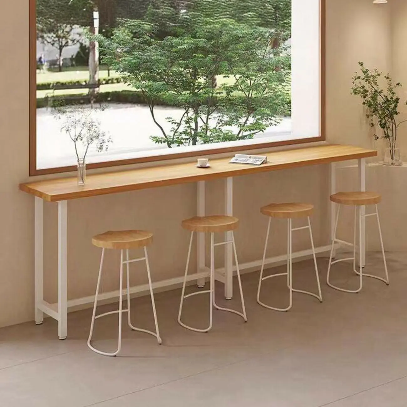 Simplistic Pine Wood Bar Table with White Metal Base for Dining