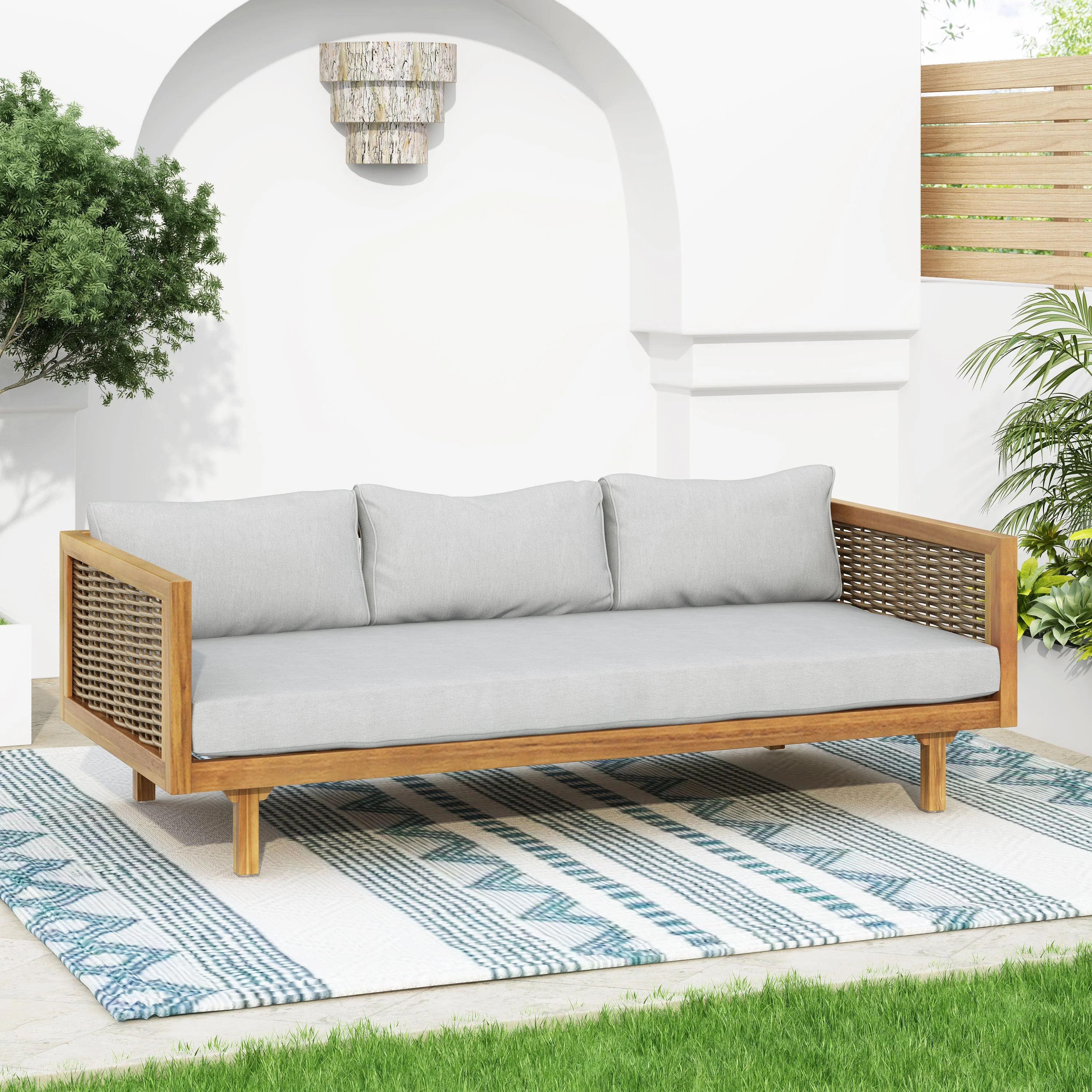 Walker Edison | Modern Outdoor Teak Rattan Deep Seat Daybed