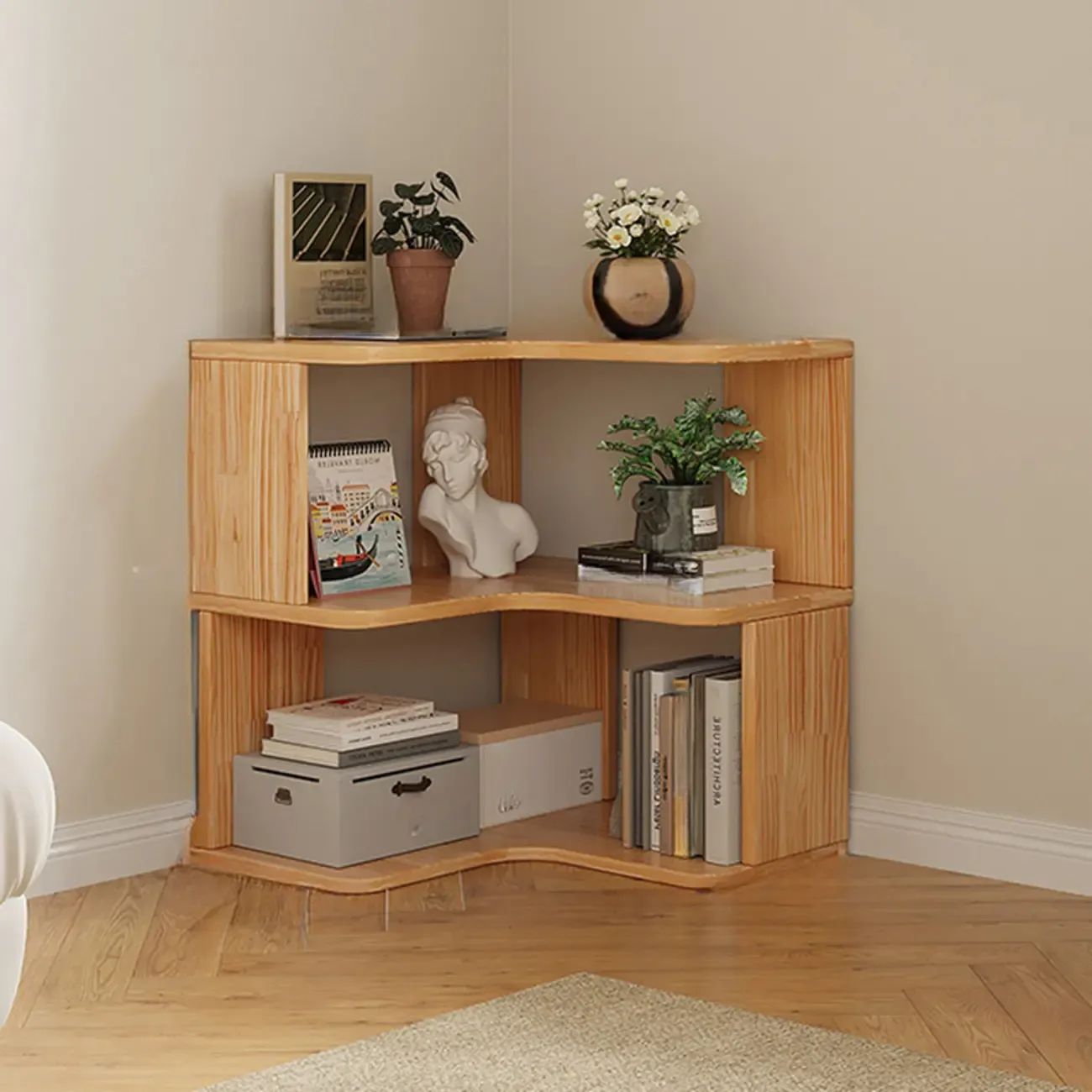 Natural Finish L-Shaped Vertical Wood Open Back Bookcase