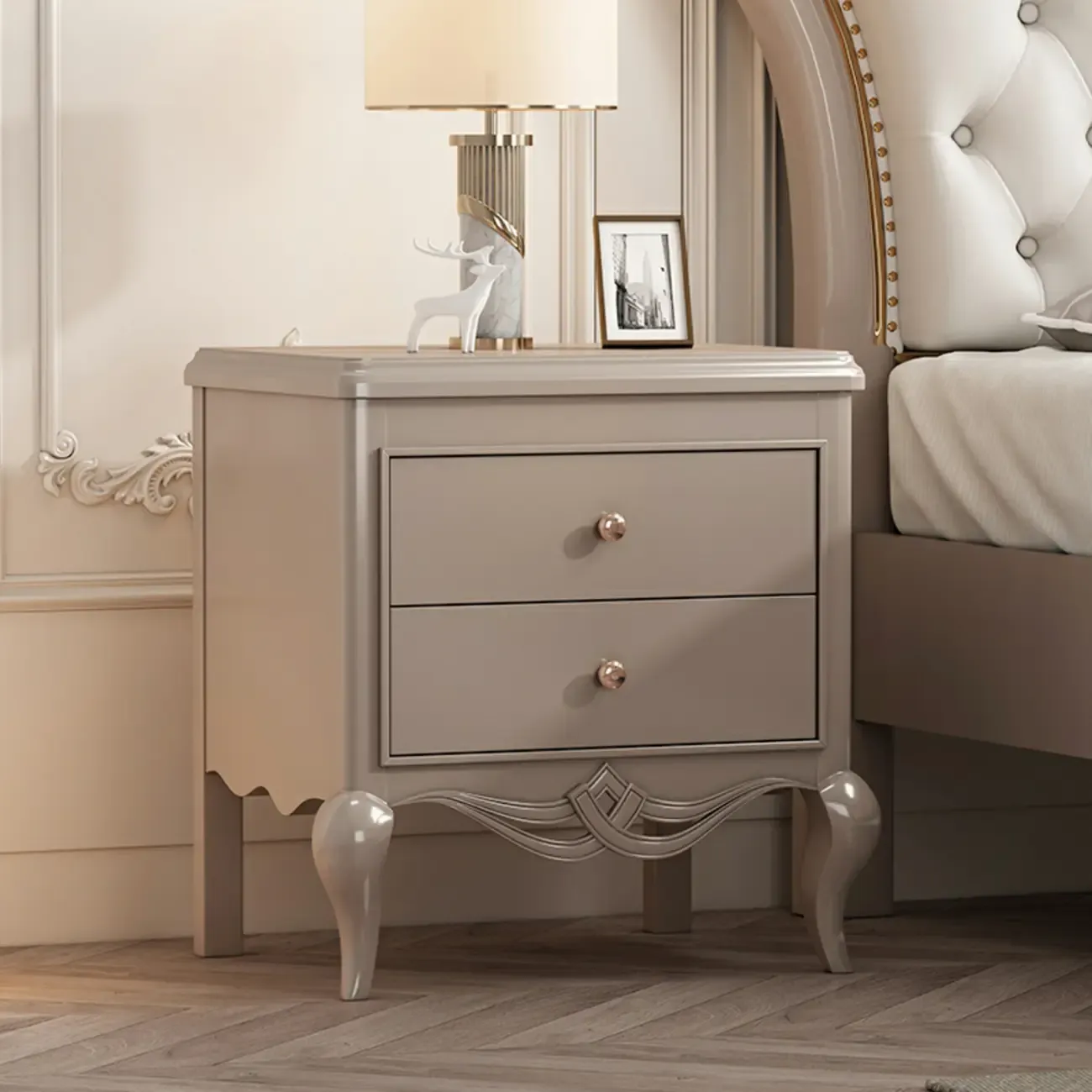 Glam Rubberwood White 2-Drawer Nightstand with Legs