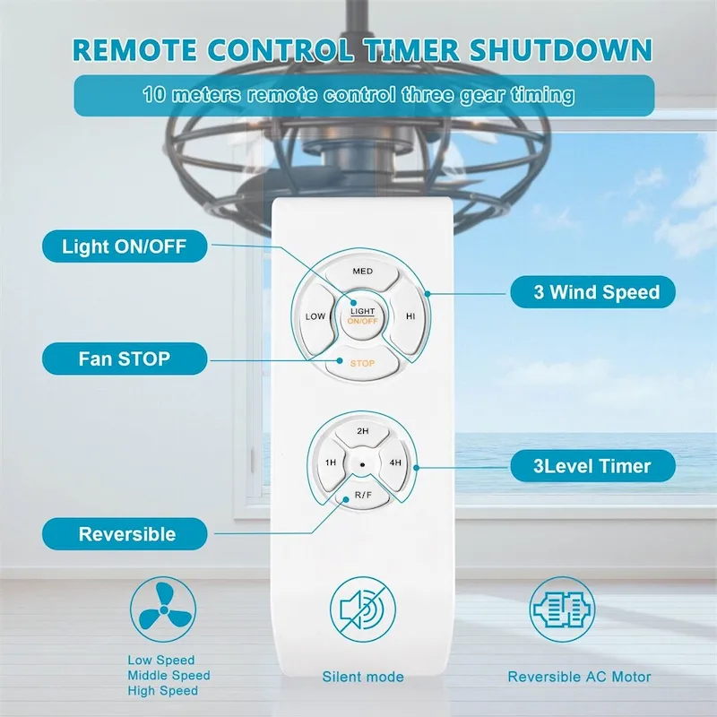 3 Speeds Reversible Caged Ceiling Fan with Remote and Timer