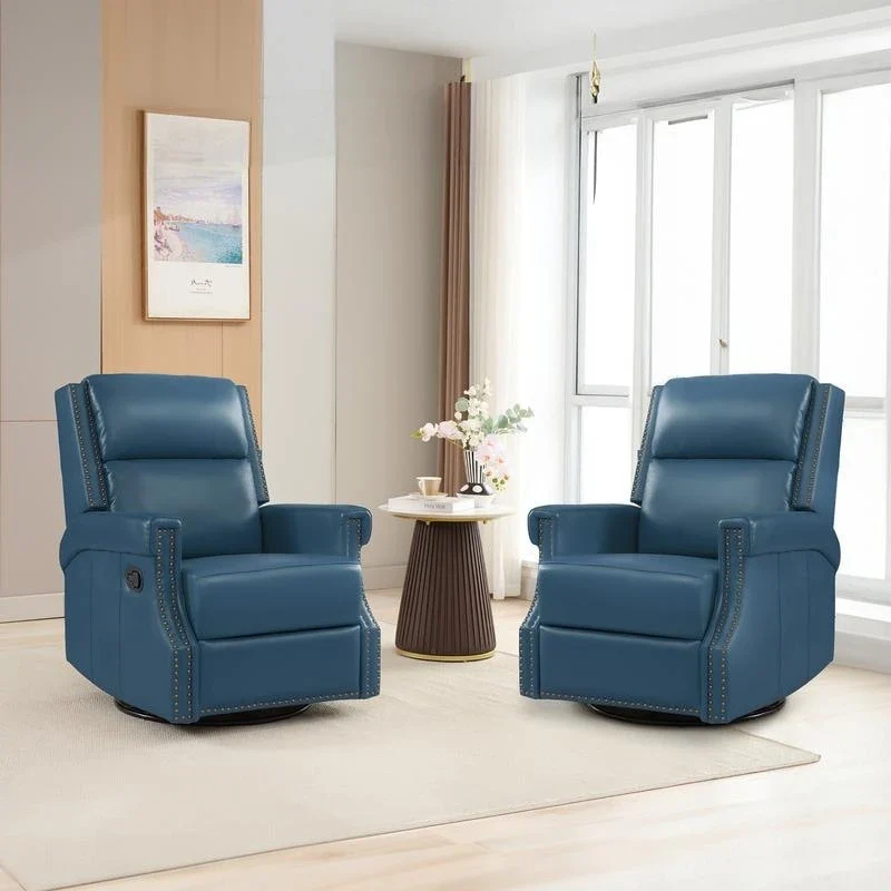 Genuine Leather Manual Rocking Recliner with 360-degree Metal Swivel Base