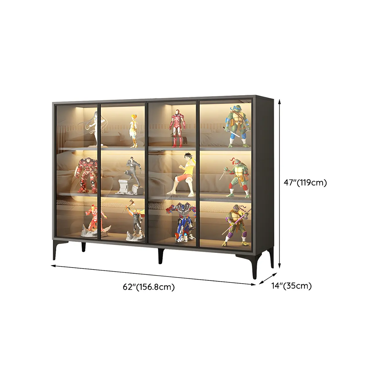 Freestanding Black Tempered Glass Wood Display Cabinet