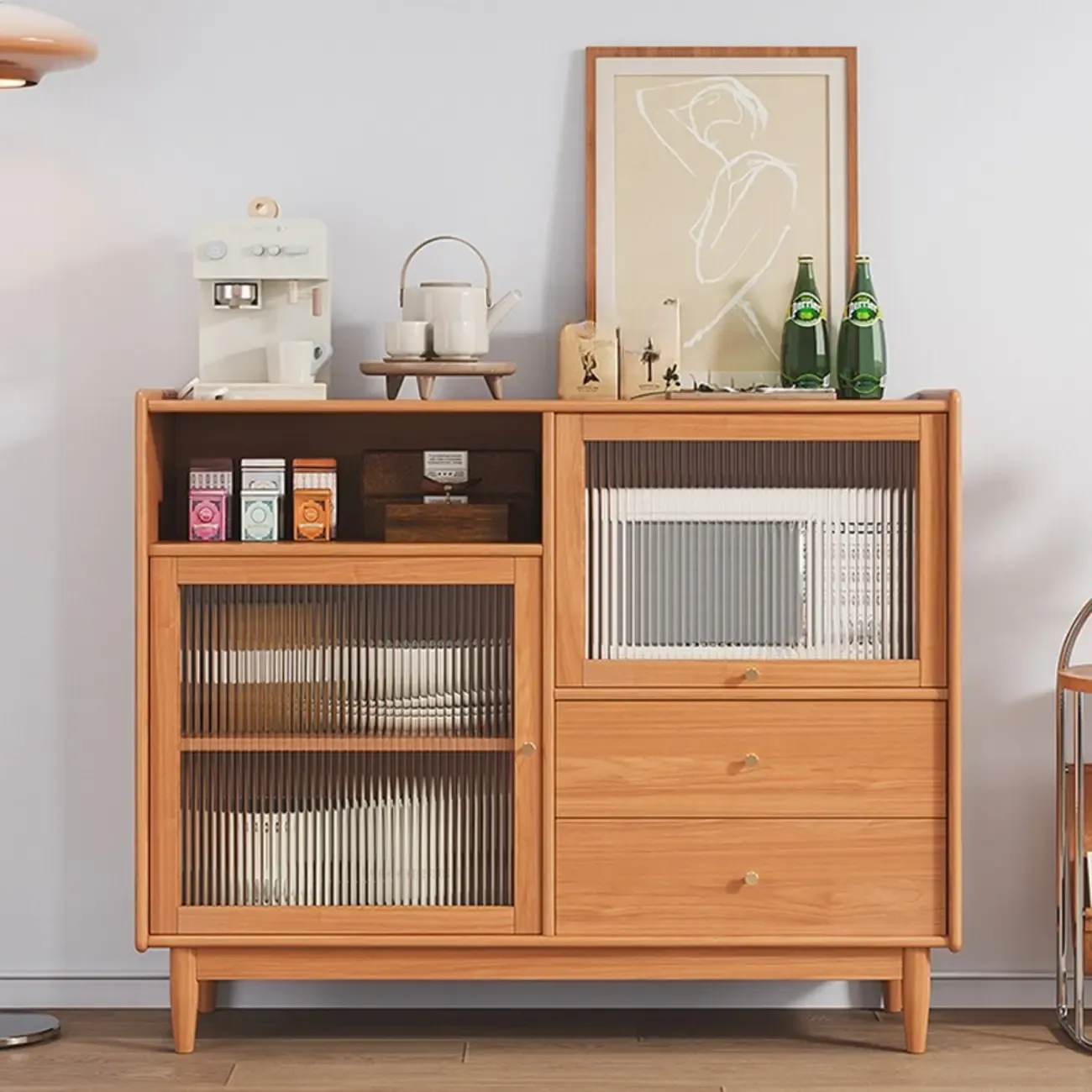 Modern Wood Sideboard with Glass Doors and Drawers