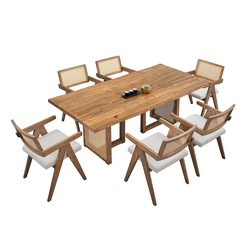 7 Piece Wooden Dining Table and Chairs Set, Rattan Kitchen Table Set with Rectangular Dining Table and 6 Chairs