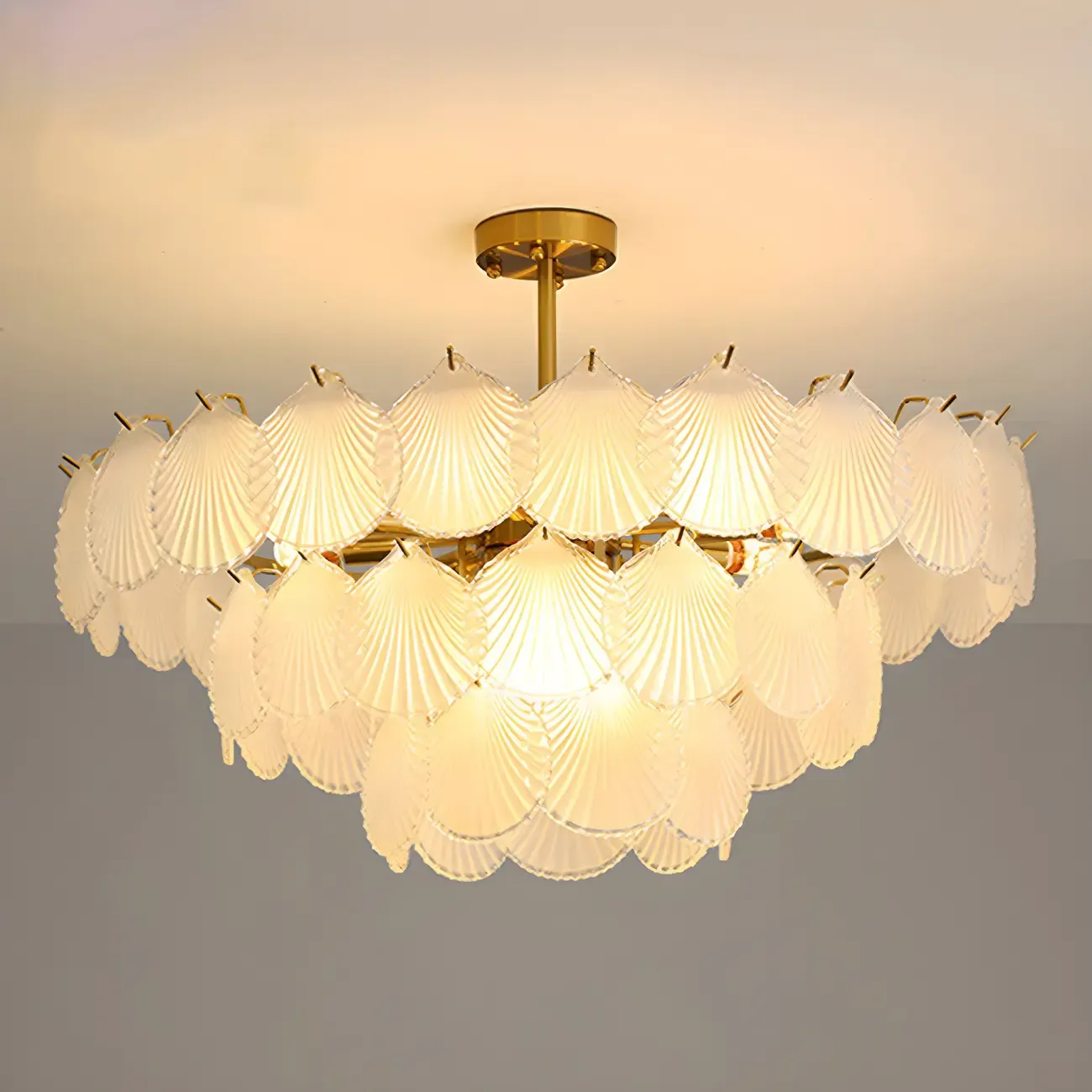Adjustable Elegant Gold Unique Layered Scallop Glass Chandelier