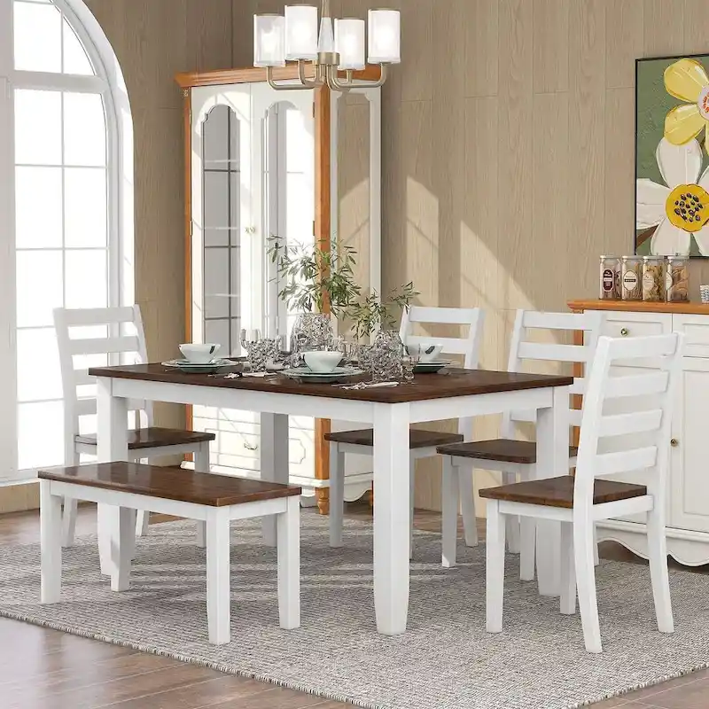 60 Farmhouse Rectangular Dining Table with 4 Upholstered Chairs and Bench