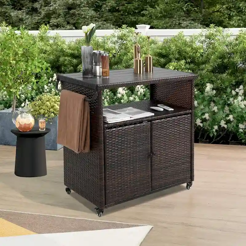 Outdoor Wicker Bar Cart,Patio Wine Serving Cart Wheels,Rolling Rattan Beverage Bar Counter Table Glass Top