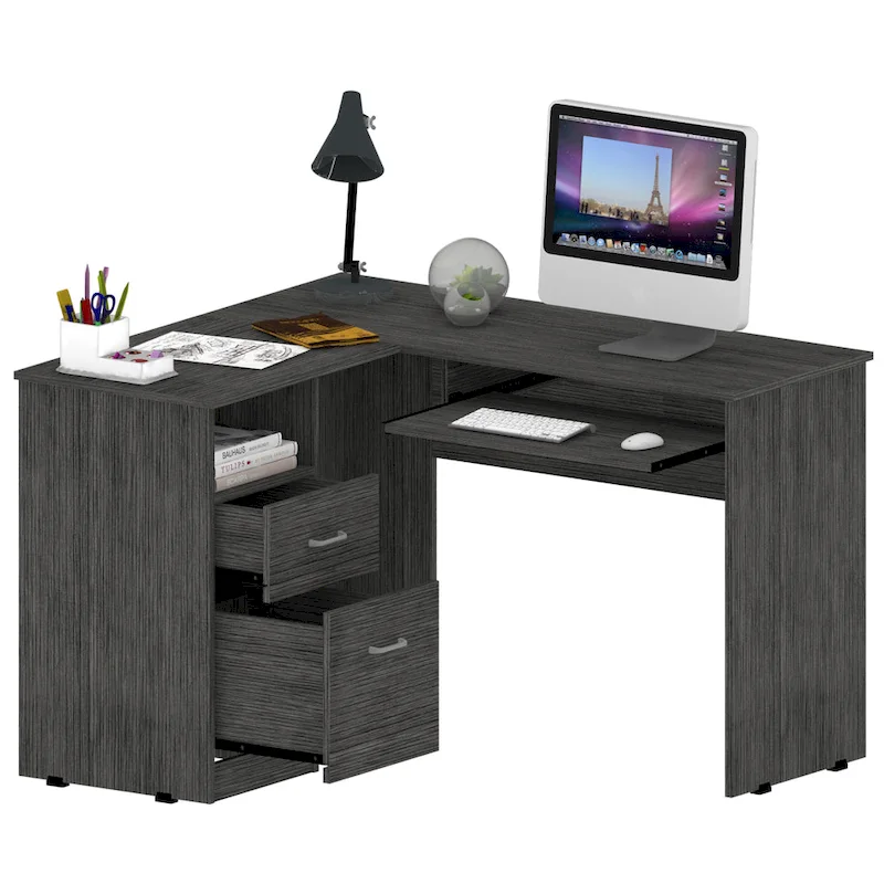 TUHOME Mix L-Shaped Desk with Open Shelving, 2 Drawers, and a Retractable Keyboard