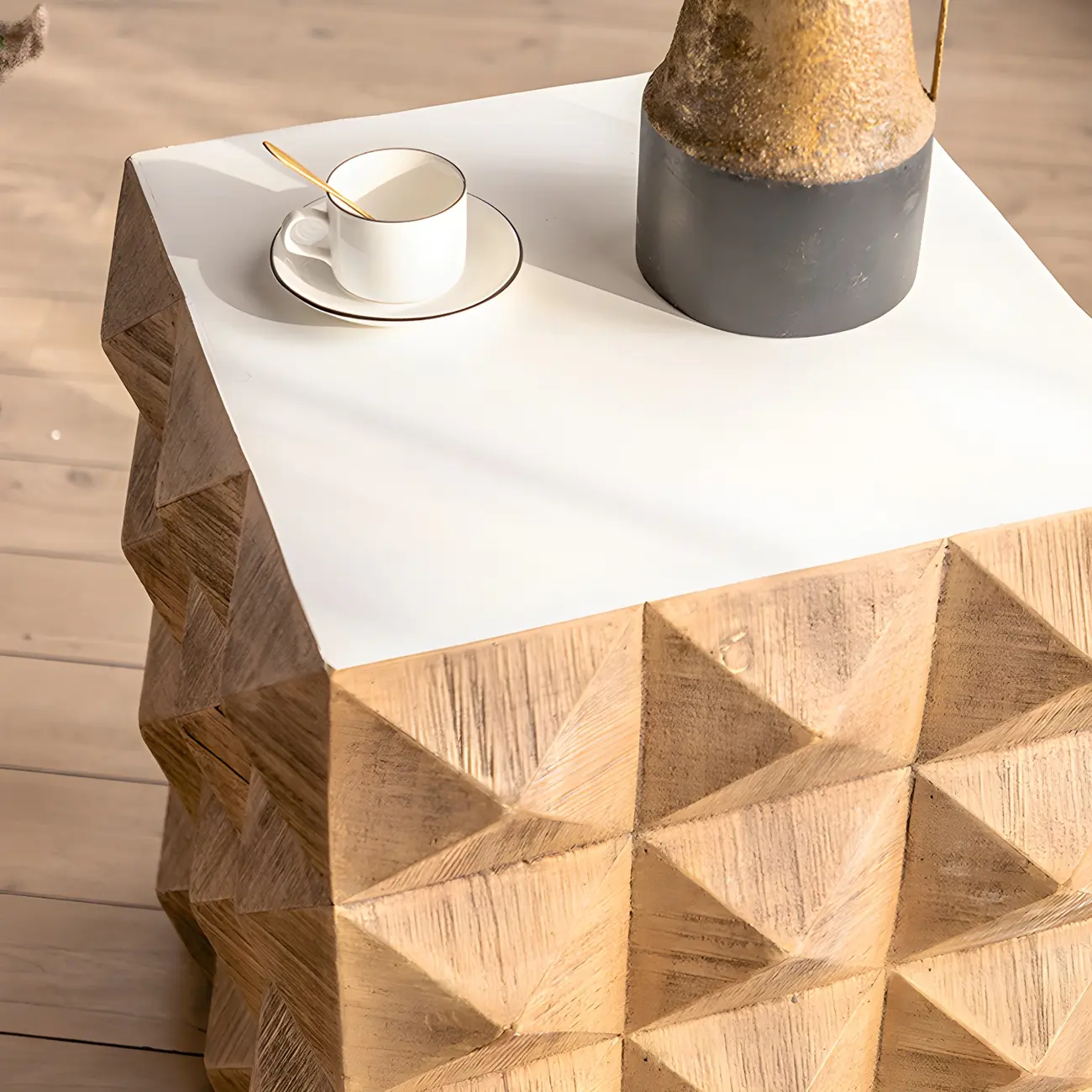 Elegant Geometric Wooden Block Accent Side Table