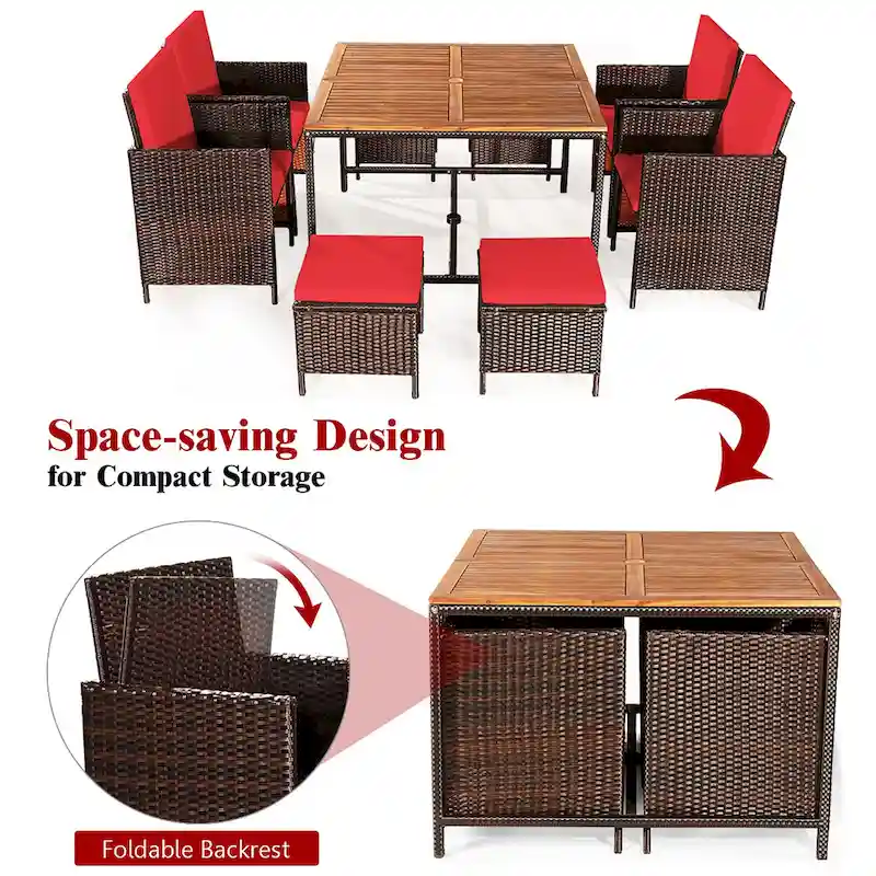 Costway 9PCS Patio Rattan Dining Set Cushioned Chairs Ottoman Wood - See Details