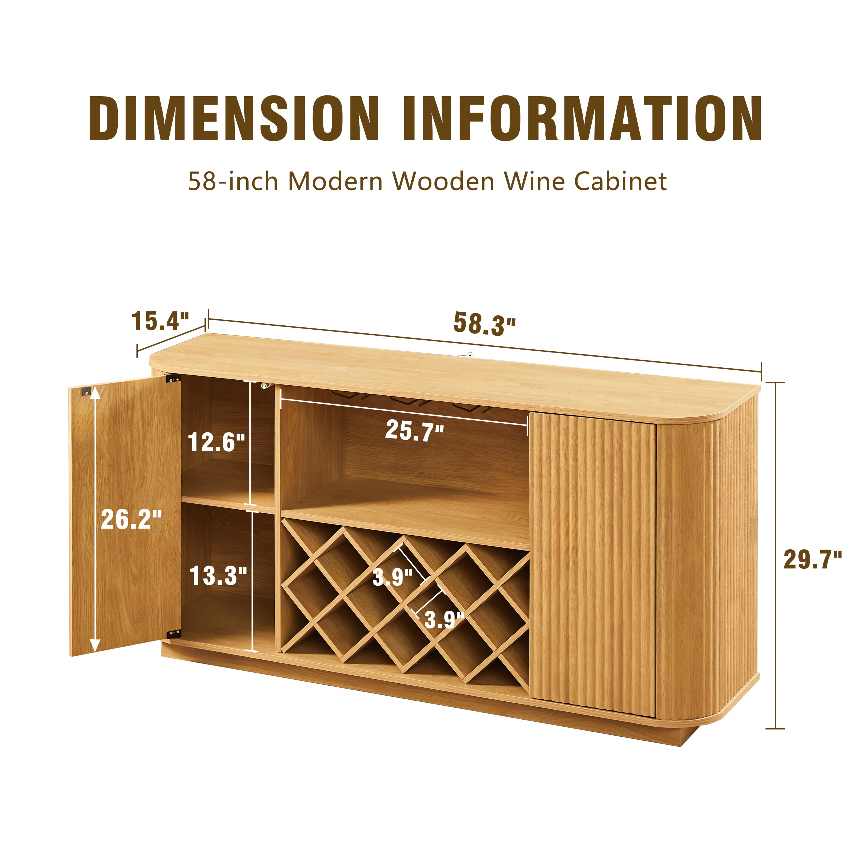 Modern Fluted Curve 58' Wine Rack Bar Cabinet / Sideboard