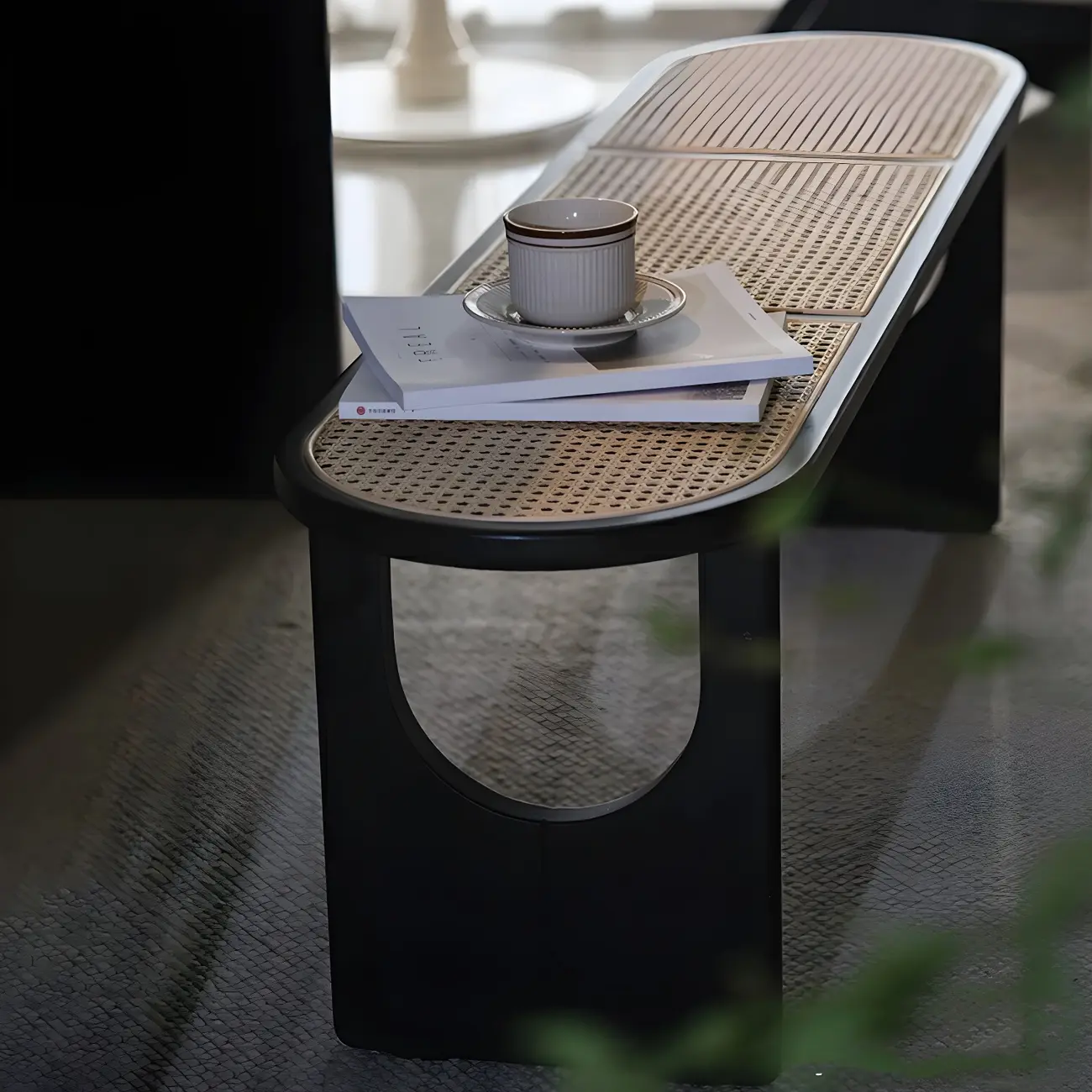 Rectangular Black Rattan Top Rubberwood Bench