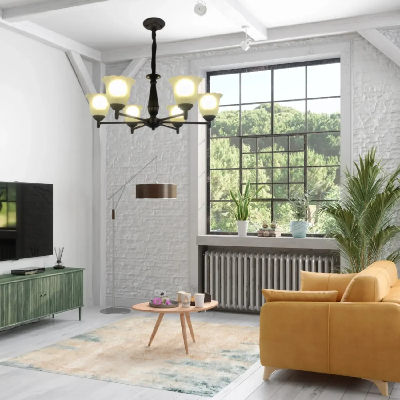 Vintage Metal Chandelier with Tulip Glass for Living Room