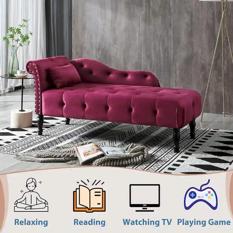 61 Velvet Chaise Lounge Chair with 1 Pillow and Nailhead Trimmed