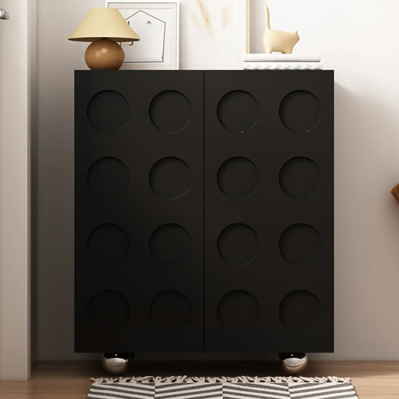 Hallway Black Engineered Wood Shoe Cabinet on Wheels