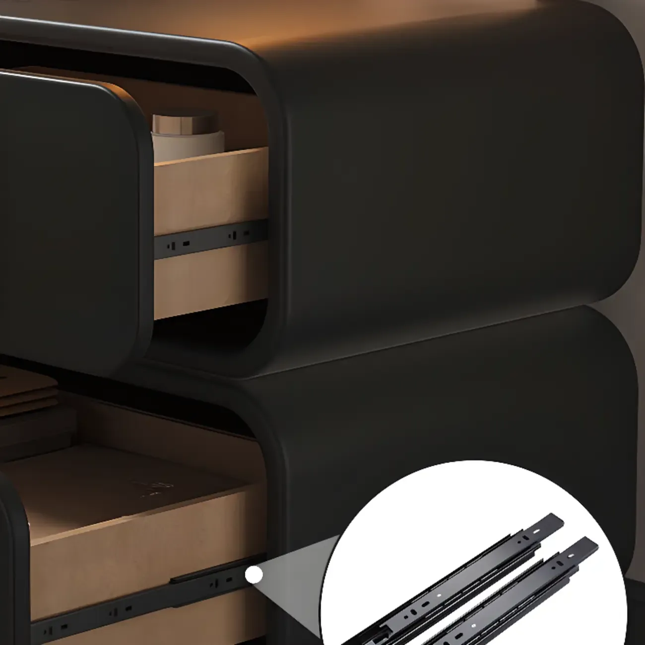 Solid Wood Leather-Top Black 2 Tiers Drawer Nightstand