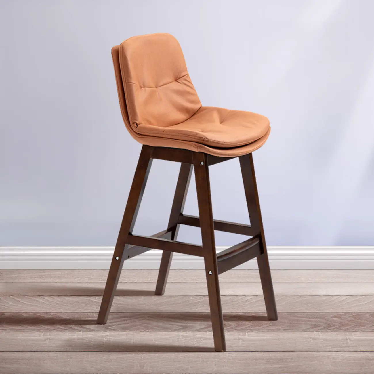 Scandinavian Wood Frame Leather Ergonomic Bucket Bar Stool