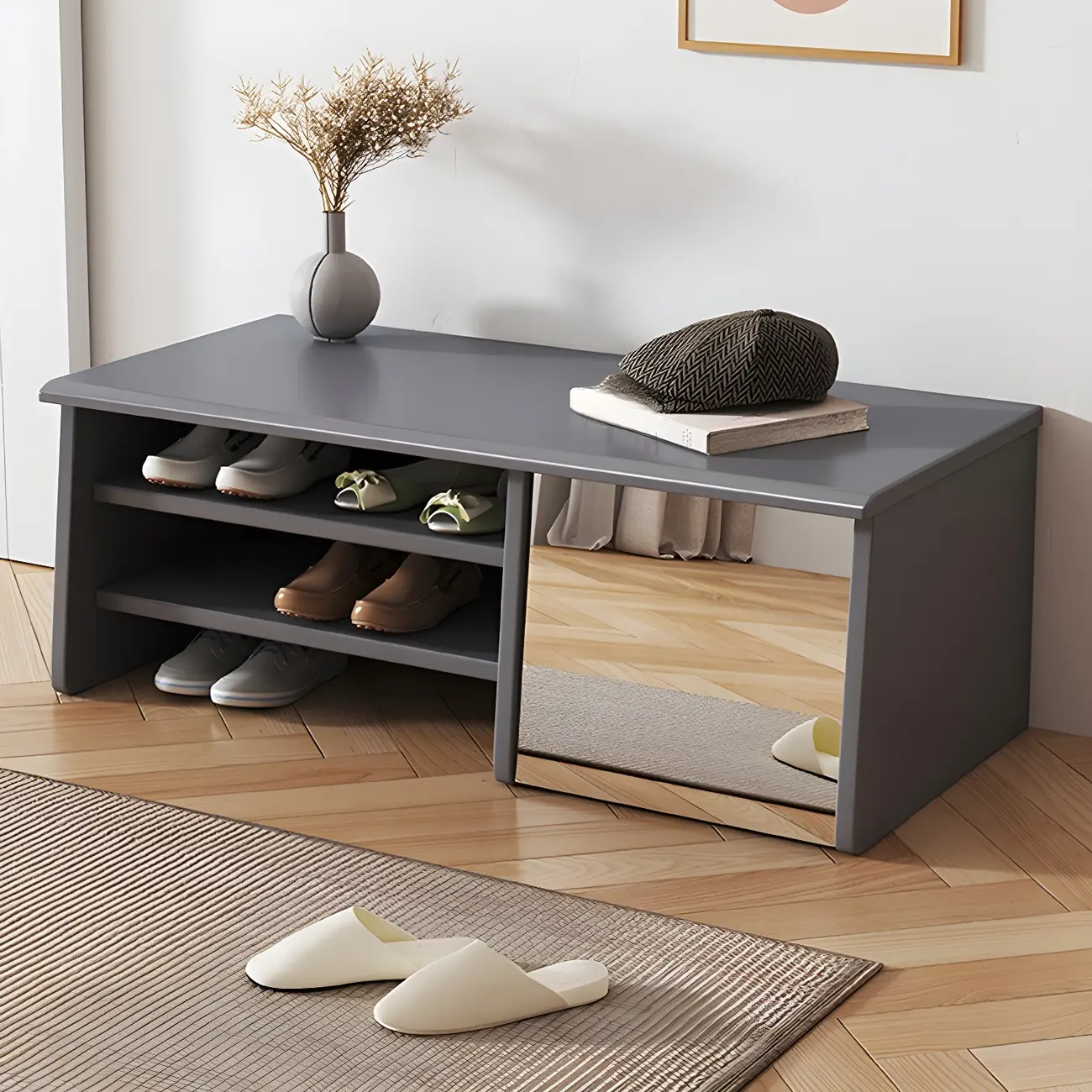 Entryway Wood Shoe Storage Bench with Mirror