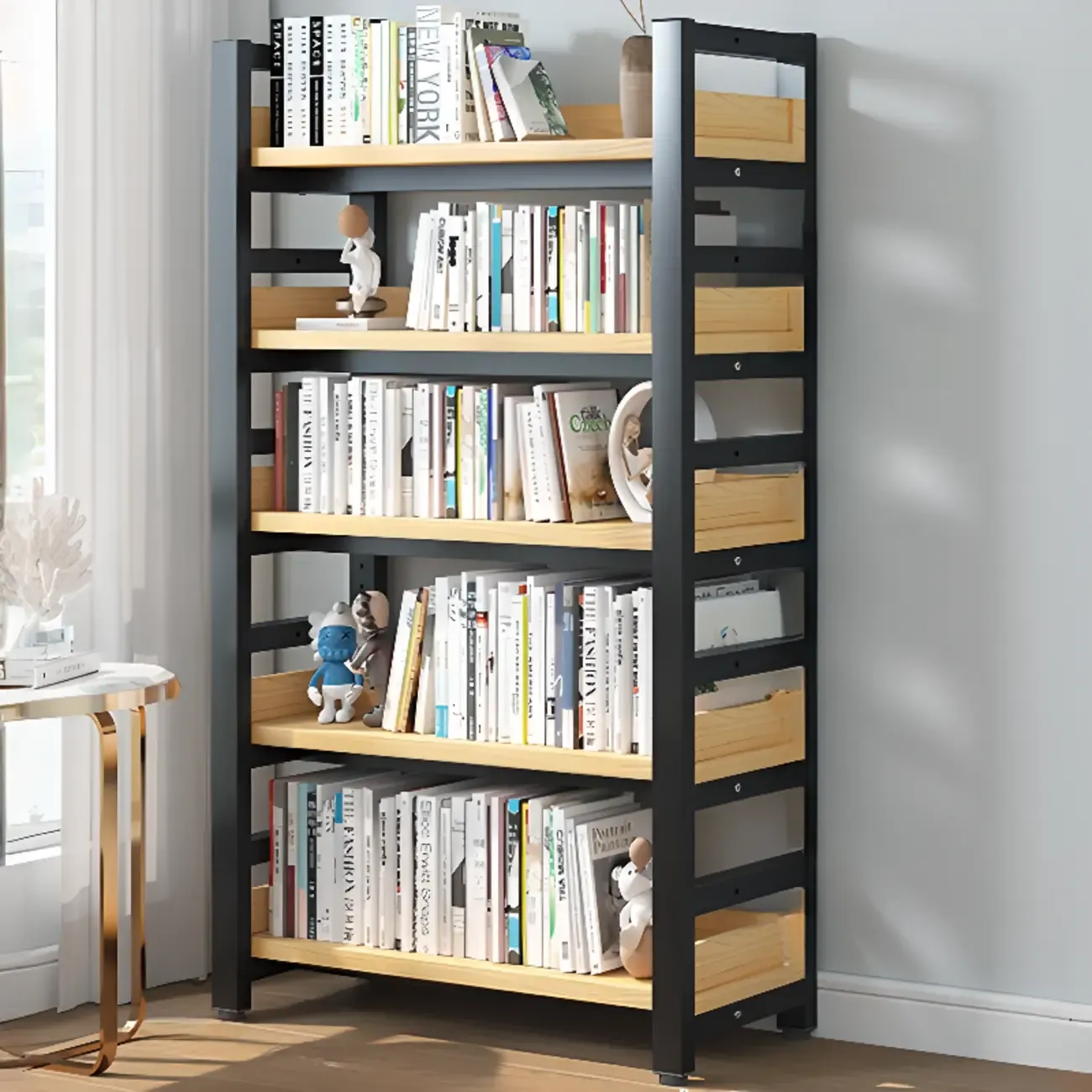 Freestanding Simple Multi-Layer Wood Bookshelf in Steel Frame