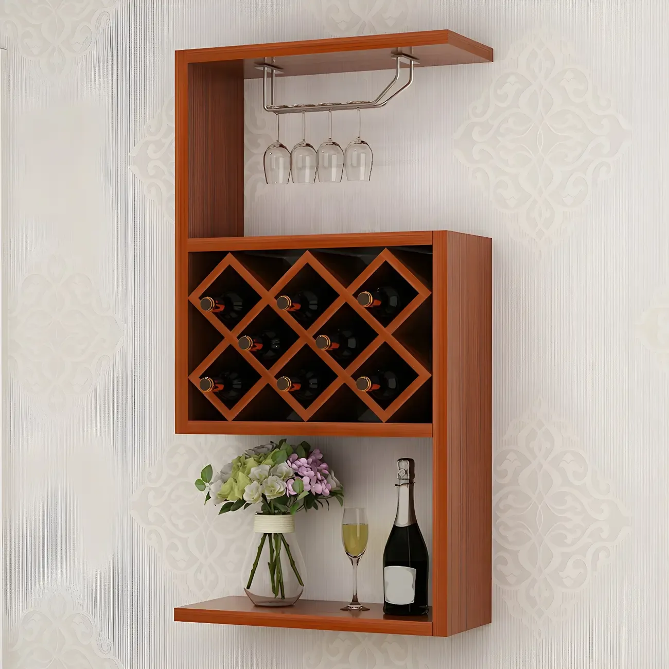 Rubberwood Floating Mount Wine Rack with Stackable Design