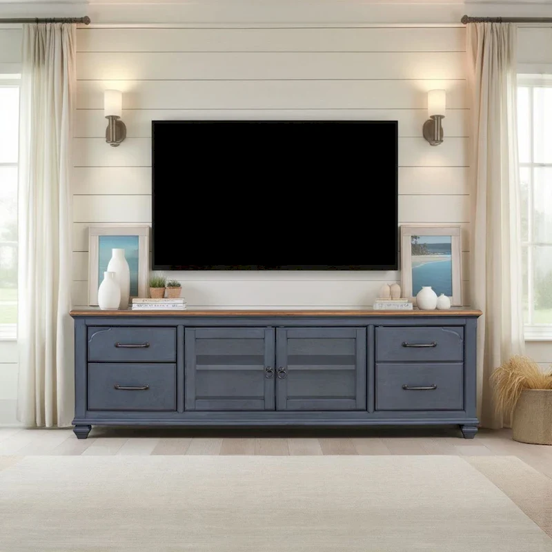 Bridgevine Home Americana 84 in TV Stand for TVs up to 90 inches, No Assembly Required, Corduroy Blue Finish