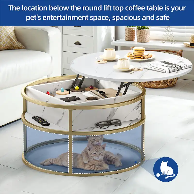 Round Lift Top Coffee Table White Marbling Top and Gold Frame