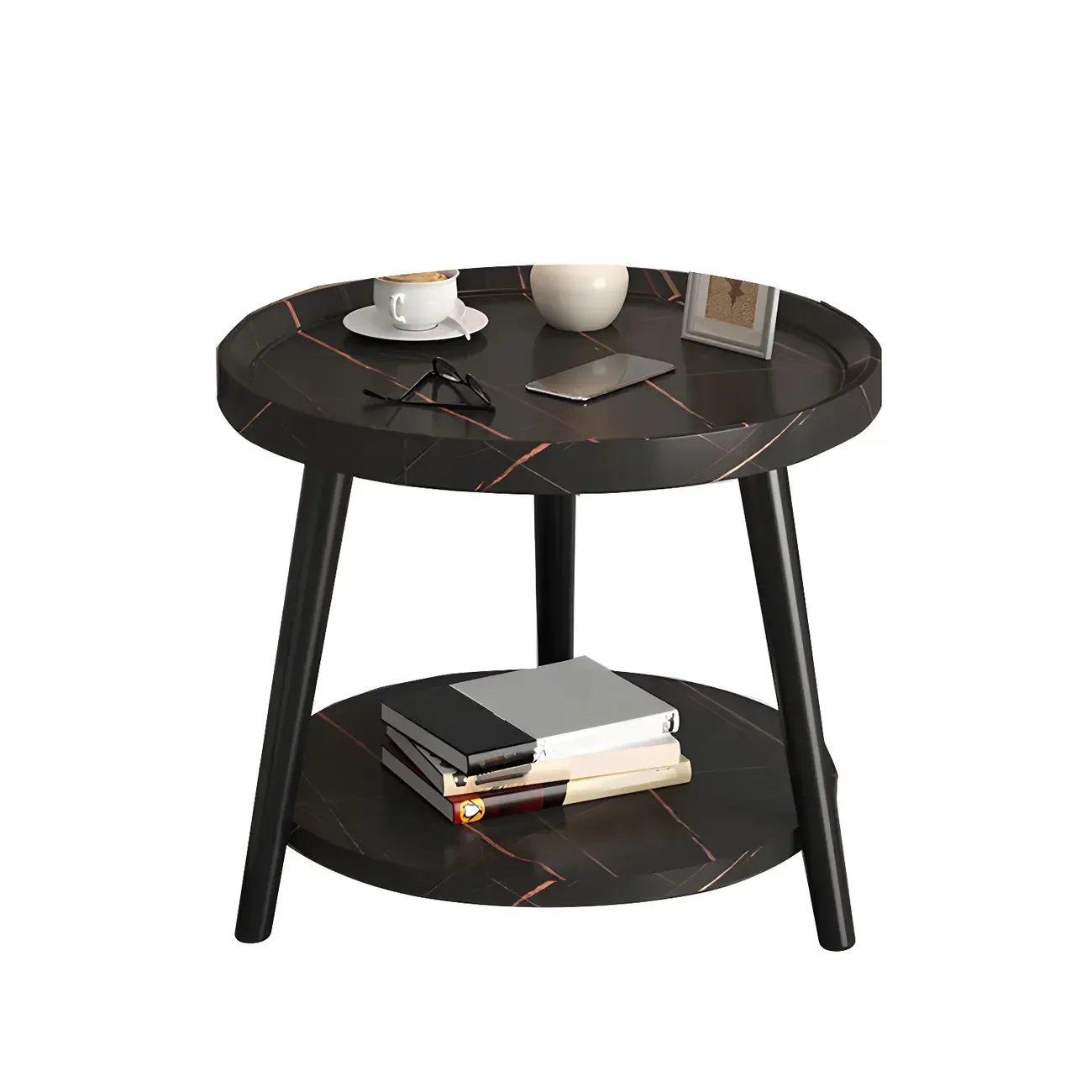 Natural Espresso Wood Small Round End Side Table with Tray Top & Shelf