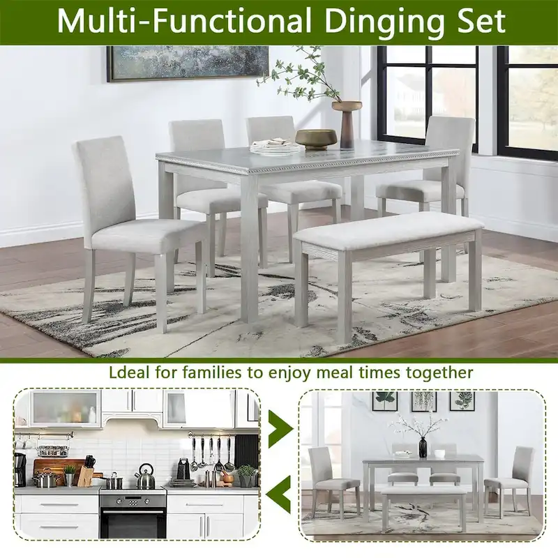 Wooden Dining Rectangular Table with Bench and 4 Chairs