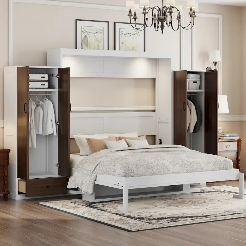 Queen Size Murphy Bed Wall Bed with Closet, Drawers and Table