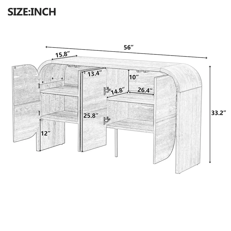 Wooden Sideboard Buffet Cabinet with Curvy Edge & Adjustable Shelves