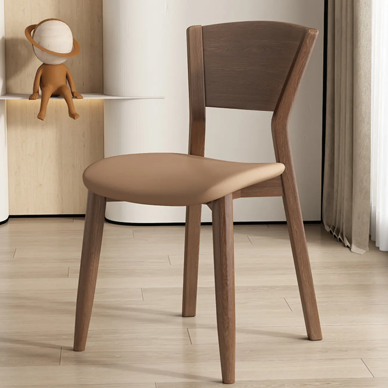 Simple Wooden Open Back Faux Leather Upholstered Dining Chair