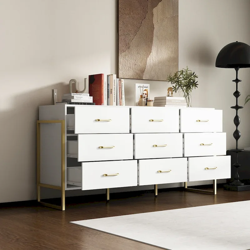 Versatile 9-Drawer Dresser - Sleek Black & Gold, Premium Quality Chest