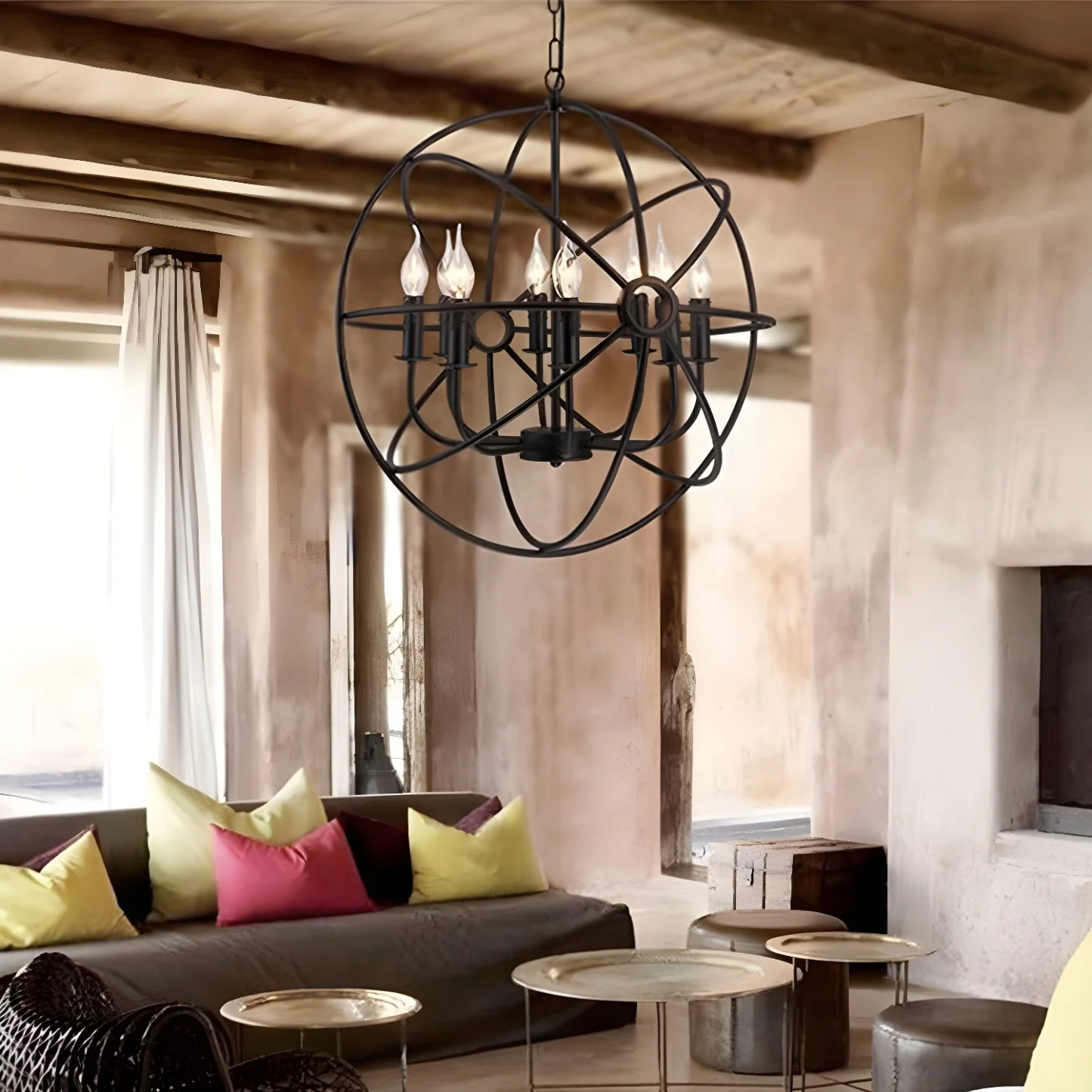 Industrial Black Metal Globe Caged Candelabra Chandelier