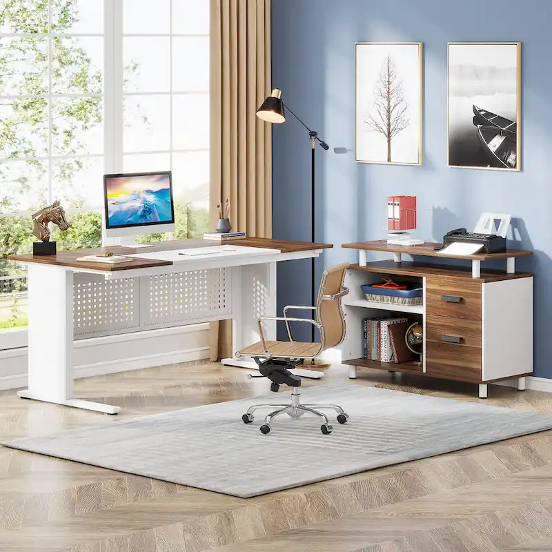 L Shaped Executive Desk, Large Computer Desk with File Cabinet