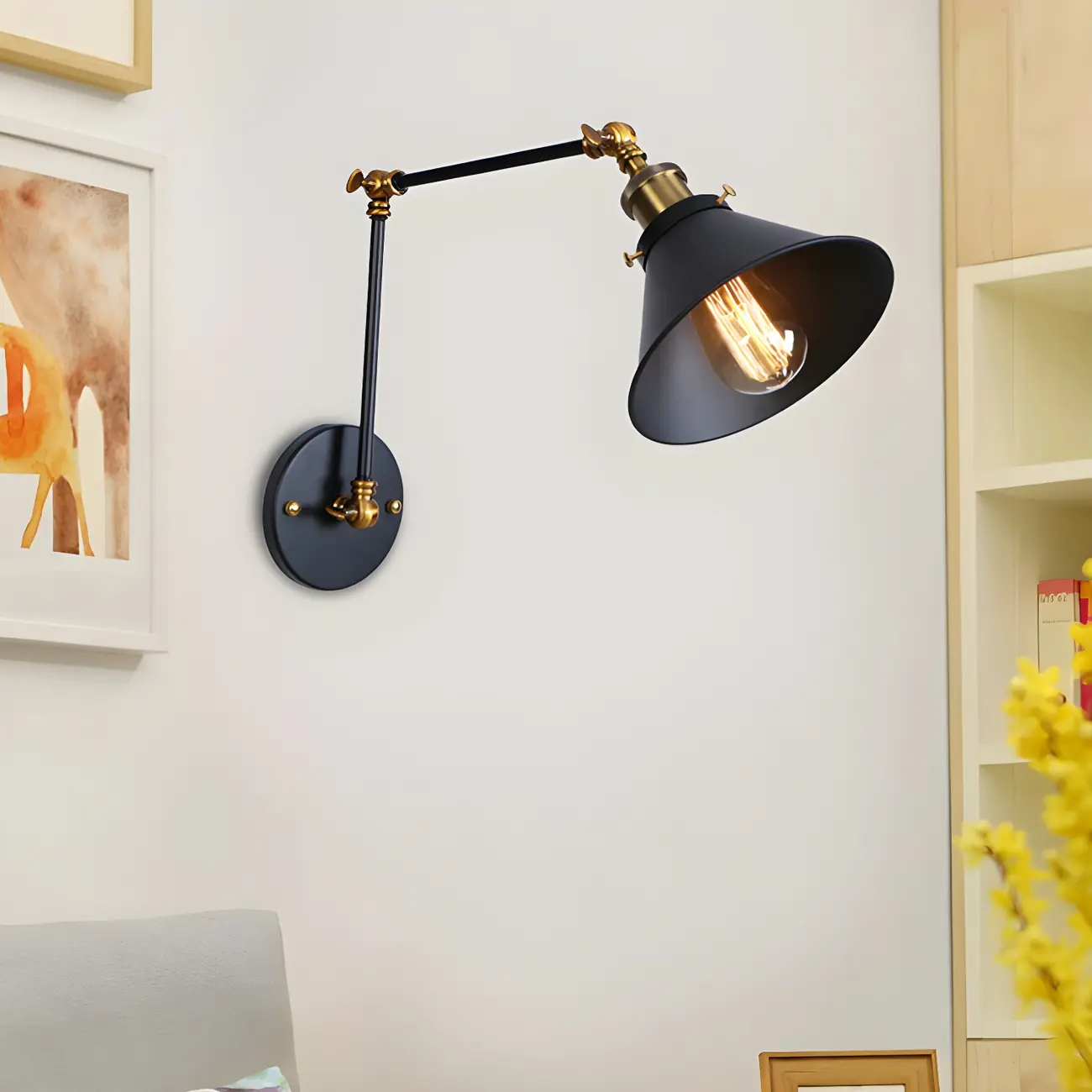 Industrial Brass Black Adjustable Swing Arm Wall Light