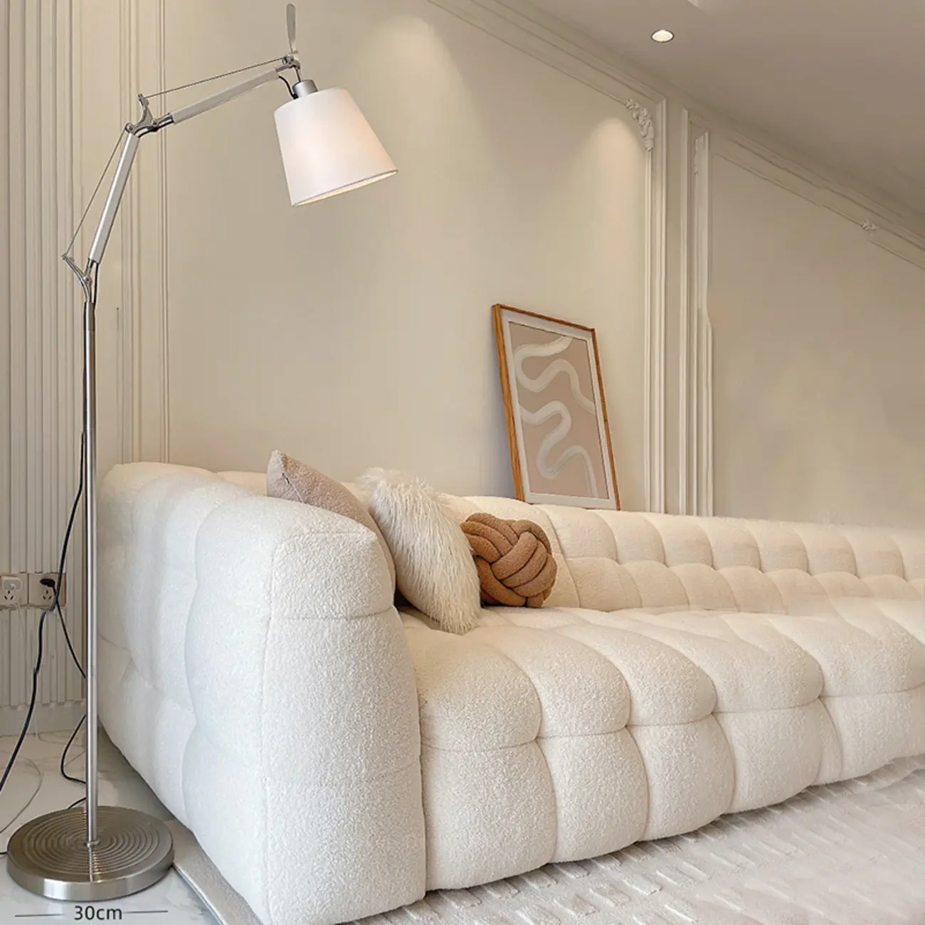 Adjustable Silver Swing Arm Floor Lamp with Fabric Drum Shade