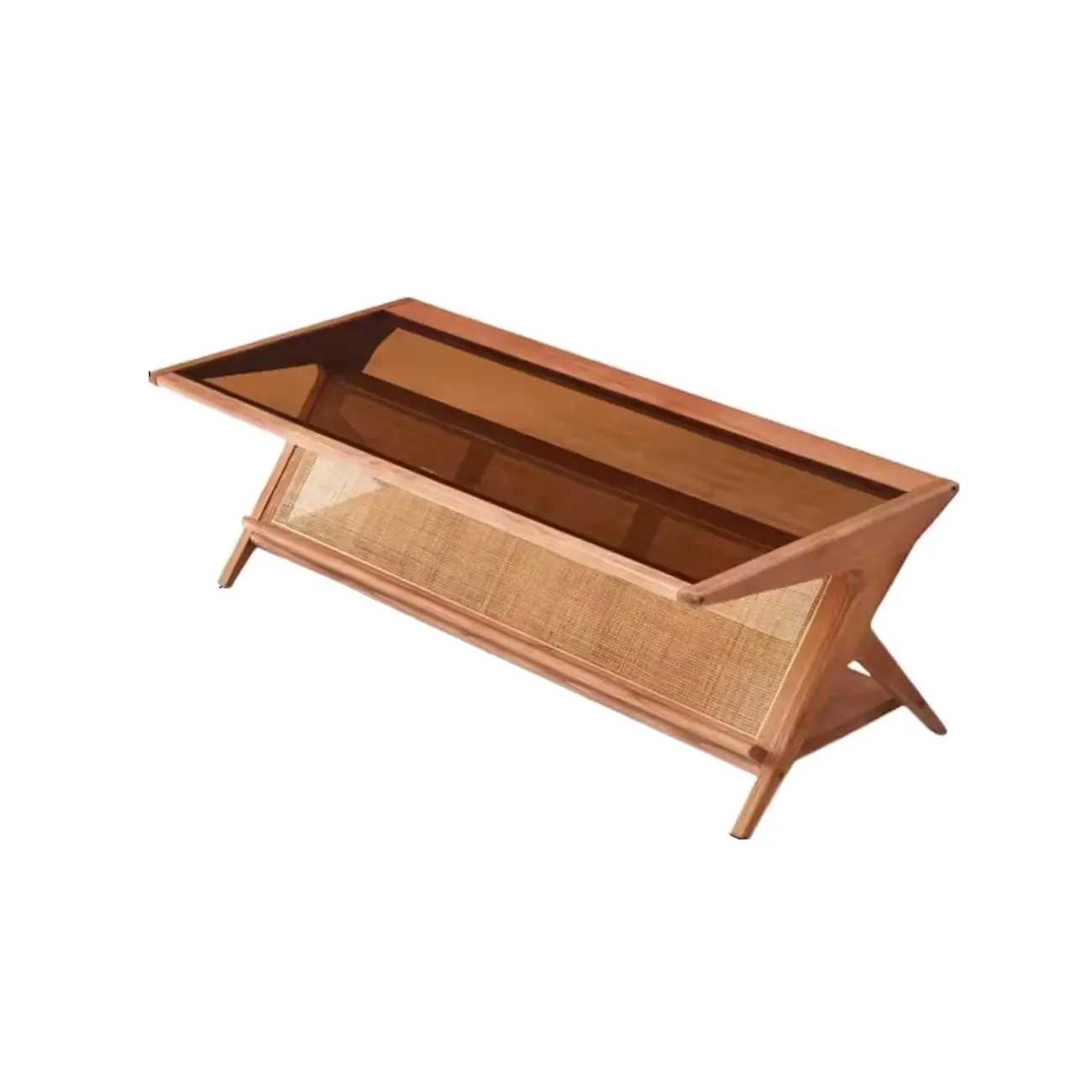 Modern Brown Rectangle Glass Wood Coffee Table with Shelf